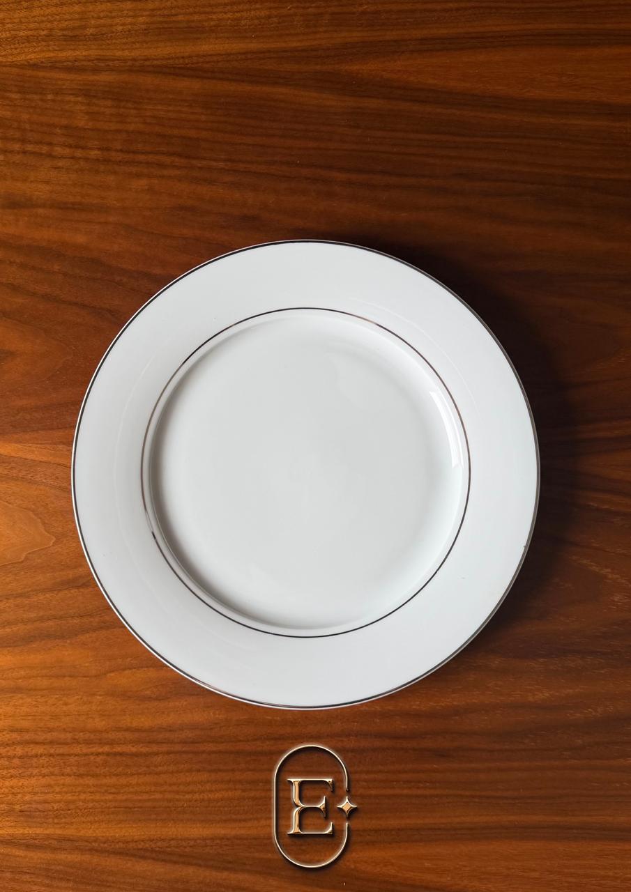 PRATO RASO (JANTAR) MONÂCO BRANCO COM BORDA PRATEADA (CONJ 06)