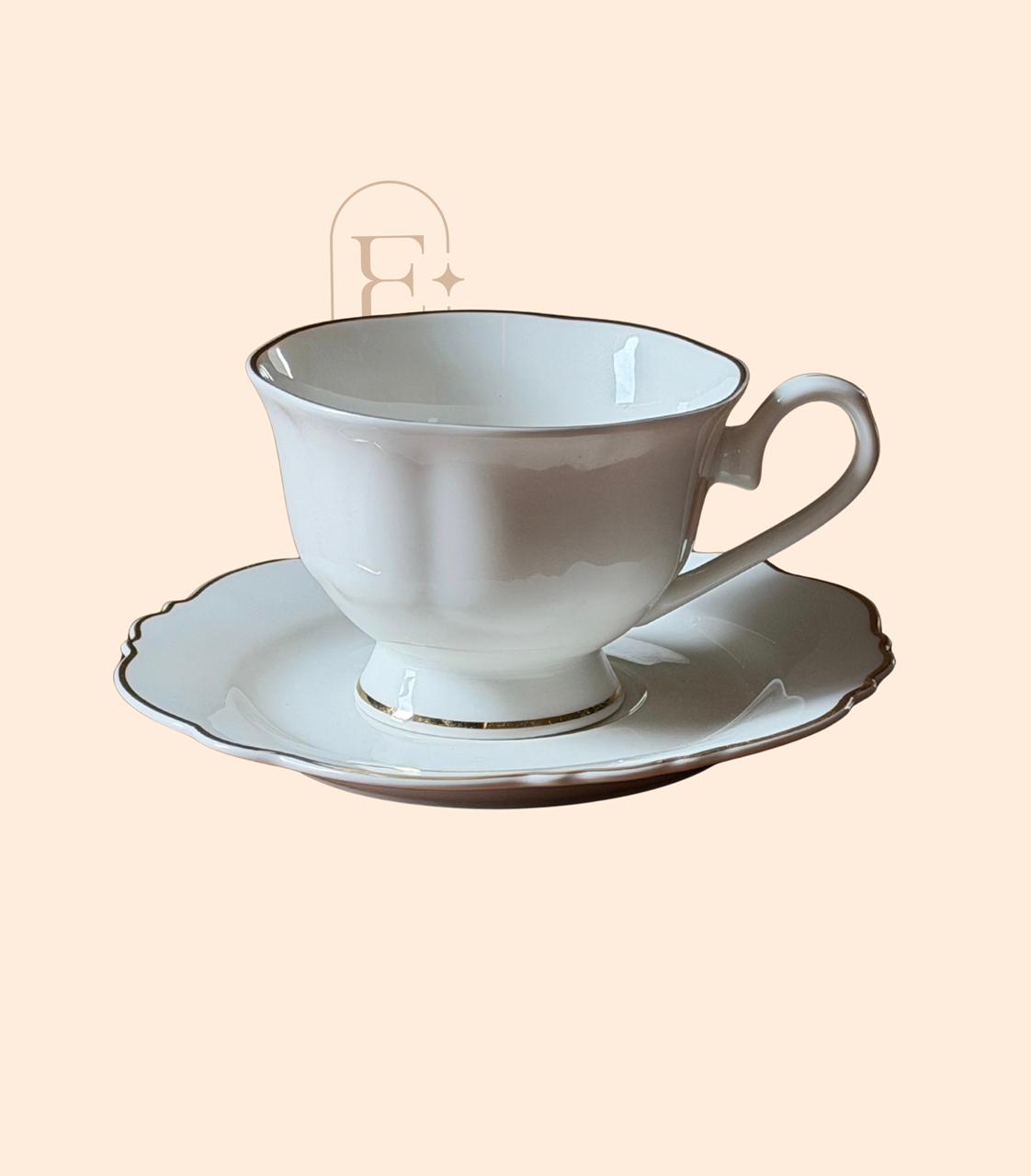 CJ 06 XICARÁS CHÁ C/ PIRES PORCELANA MALDIVAS BRANCO COM FIO DOURADO